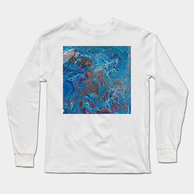 Paint pouring blue rust sienna mixed media Long Sleeve T-Shirt by kittyvdheuvel